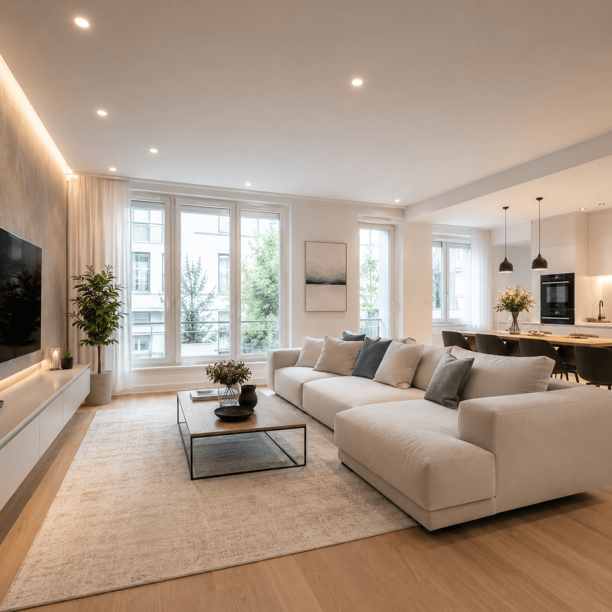 Renovierte Wohnung — helles Wohnzimmer, weite Aufnahme